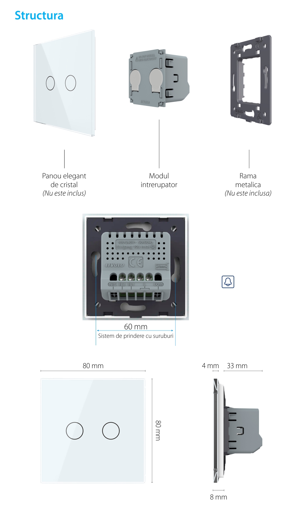 Modul Intrerupator Dublu cu Revenire / Reset cu Touch LIVOLO – Serie Noua