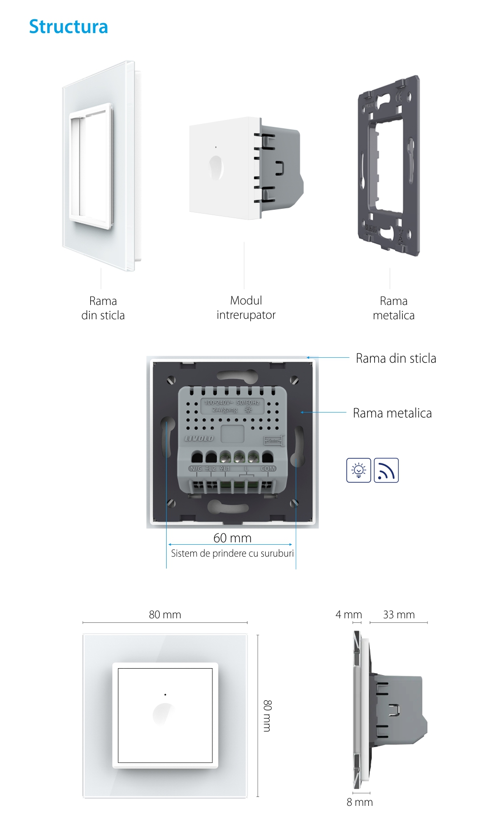 Intrerupator Simplu cu Dimmer, Wireless si Touch LIVOLO – Serie Noua