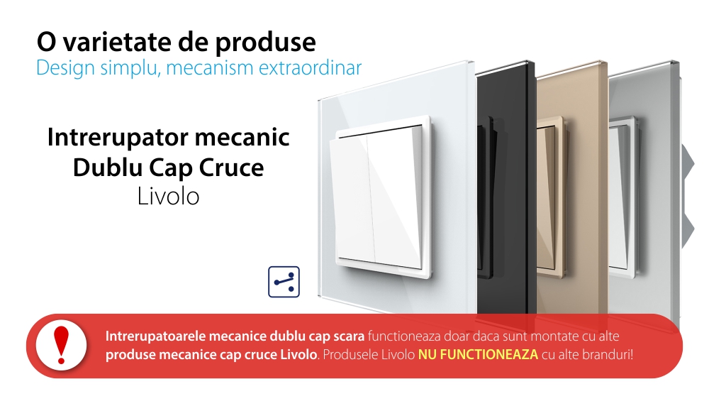 Intrerupator Dublu Mecanic Cap Cruce LIVOLO cu Rama din Sticla – Serie Noua