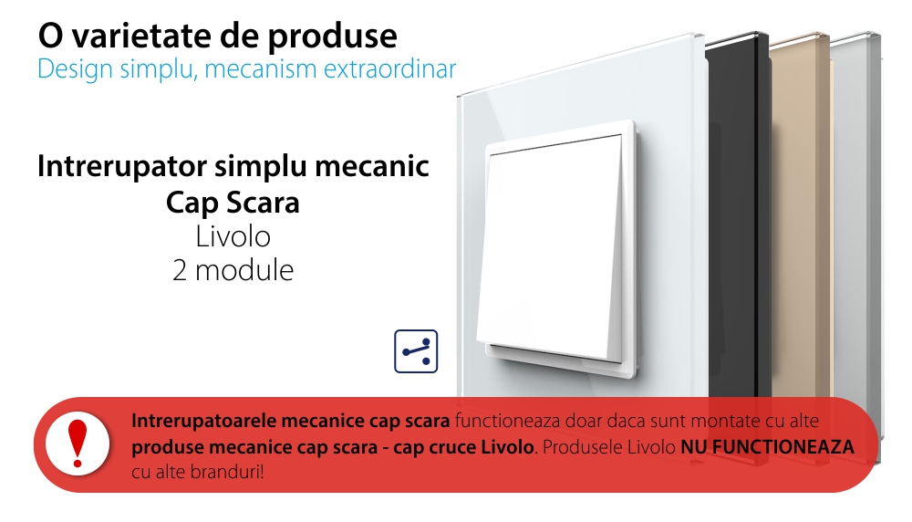 Intrerupator Simplu Mecanic si Cap Scara , 2 Module LIVOLO cu Rama din Sticla – Serie Noua