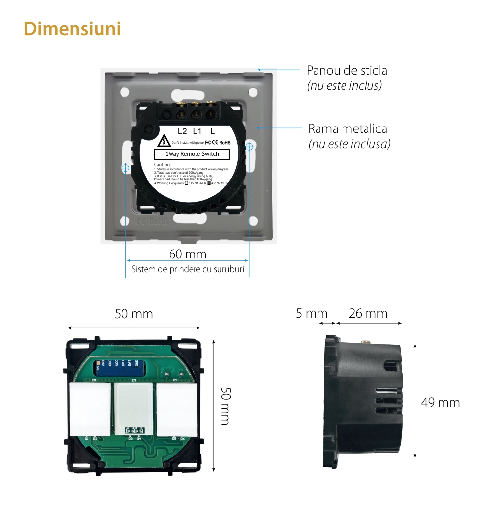 Modul Intrerupator Dublu, RF433 cu Touch LUXION