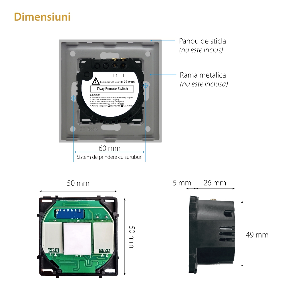 Modul Intrerupator Simplu, RF433 cu Touch LUXION