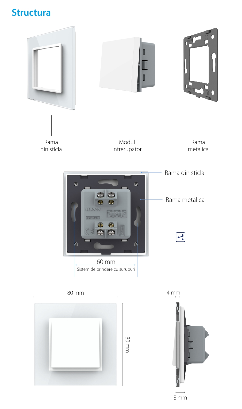 Intrerupator Simplu Mecanic Cap Cruce, 2 Module LIVOLO cu Rama din Sticla – Serie Noua