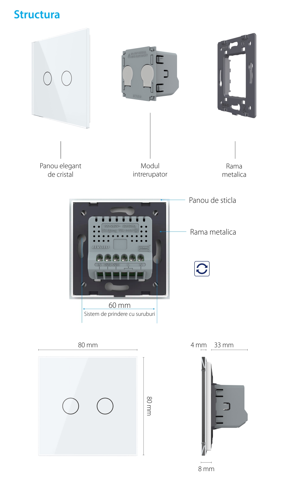 Intrerupator Dublu cu Revenire, Contact Uscat cu Touch LIVOLO – Serie Noua