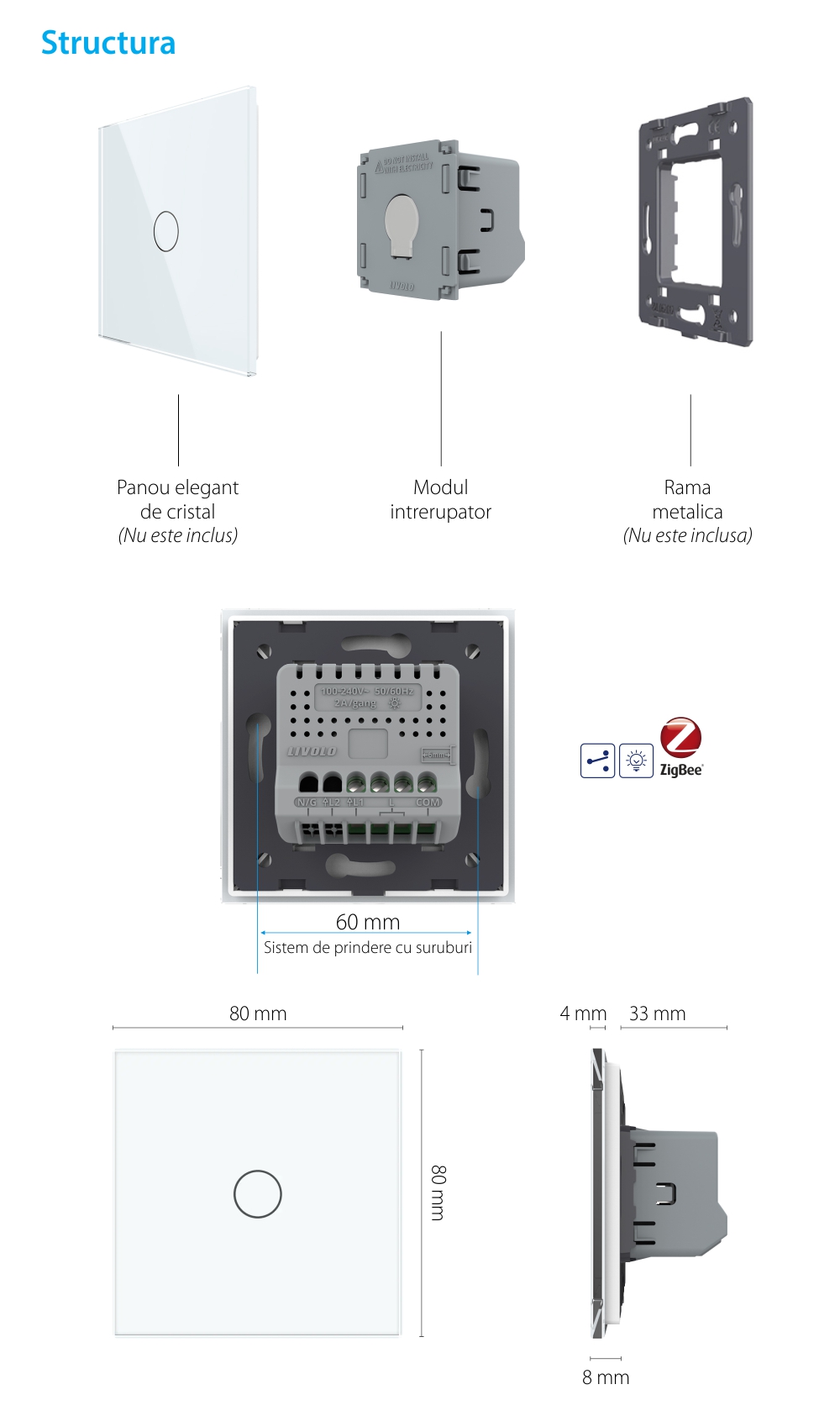 Modul Intrerupator Simplu Cap Scara, Dimmer, Zigbee cu Touch LIVOLO – Serie Noua