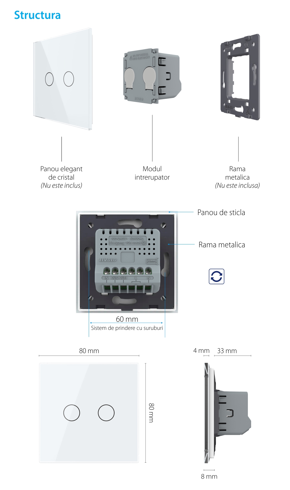 Modul Intrerupator Dublu cu Revenire, Contact Uscat cu Touch LIVOLO – Serie Noua