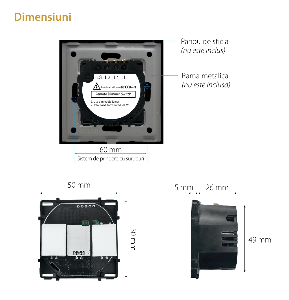 Modul Intrerupator Dublu cu Variator, RF433 cu Touch LUXION