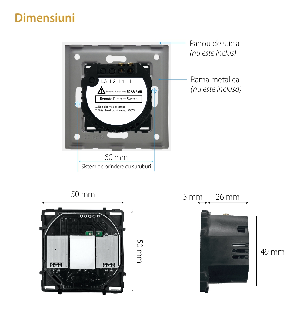 Modul Intrerupator Simplu cu Variator, RF433 cu Touch LUXION