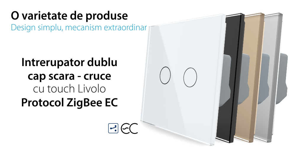 Intrerupator Dublu Cap Scara / Cruce cu Touch LIVOLO din Sticla – Protocol ZigBee EC