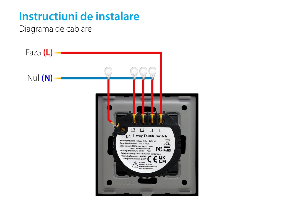 Intrerupator Cvadruplu cu Touch din Sticla LUXION, 500W