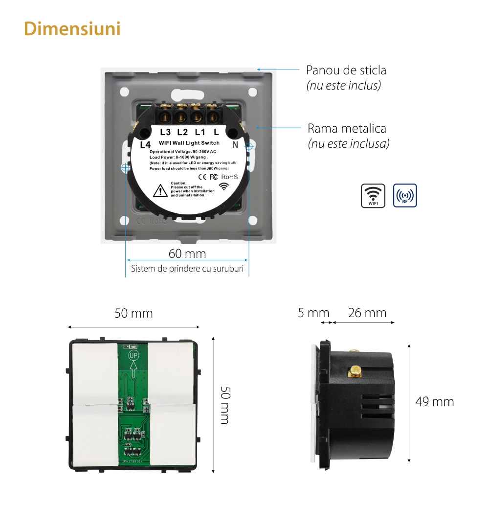 Modul Intrerupator Cvadruplu Wi-Fi + RF433 cu Touch LUXION