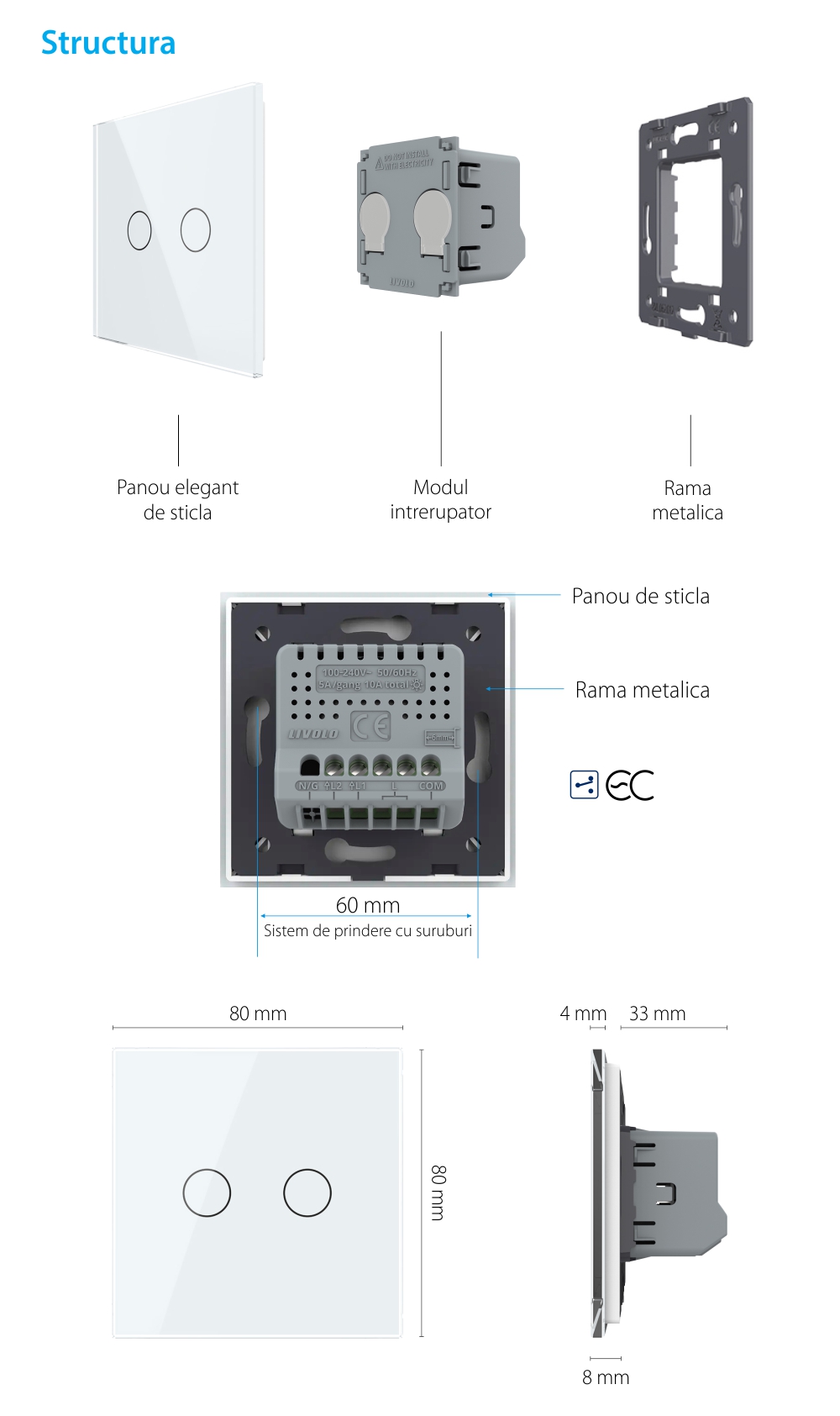 Intrerupator Dublu Cap Scara / Cruce cu Touch LIVOLO din Sticla – Protocol ZigBee EC