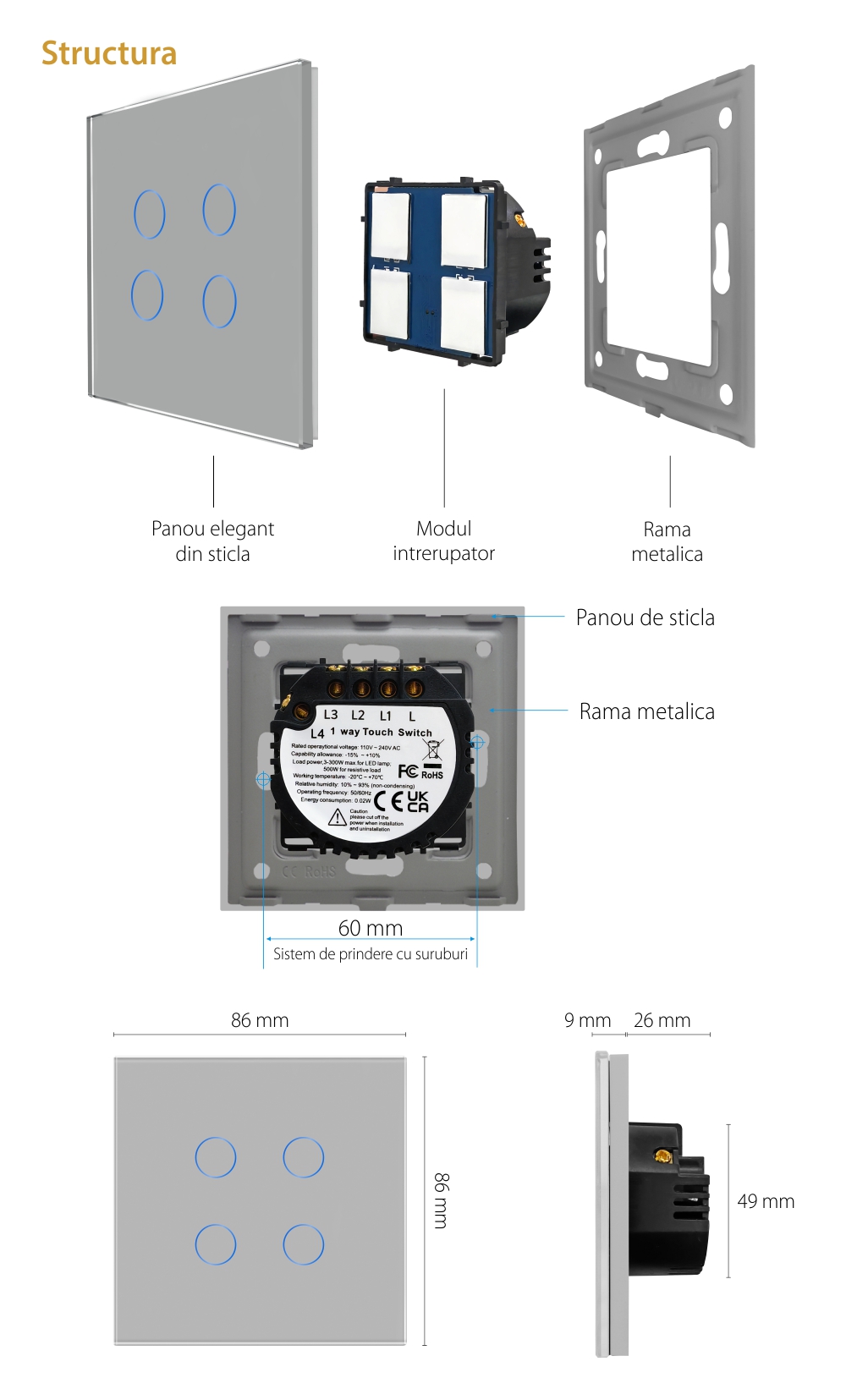 Intrerupator Cvadruplu cu Touch din Sticla LUXION, 500W