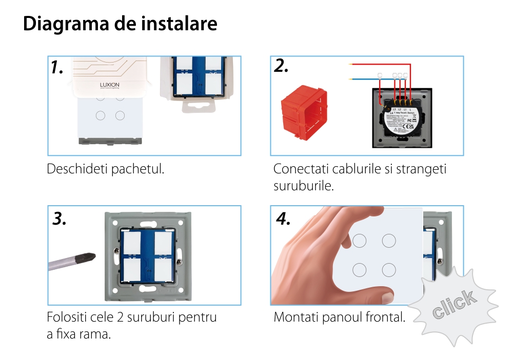 Intrerupator Cvadruplu cu Touch din Sticla LUXION, 500W