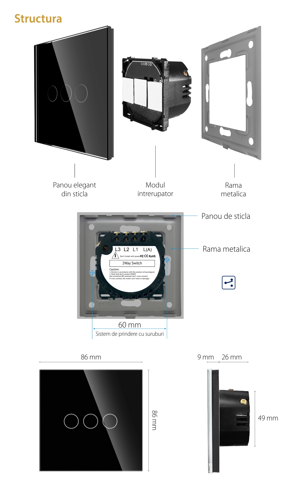 Intrerupator Triplu Cap Scara cu Touch din Sticla LUXION