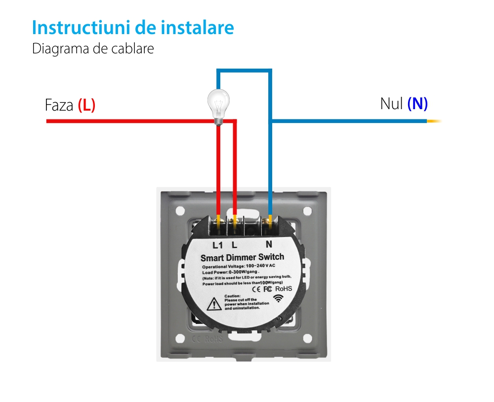 Modul Intrerupator Simplu cu Variator Wi-Fi + RF433 cu Touch LUXION