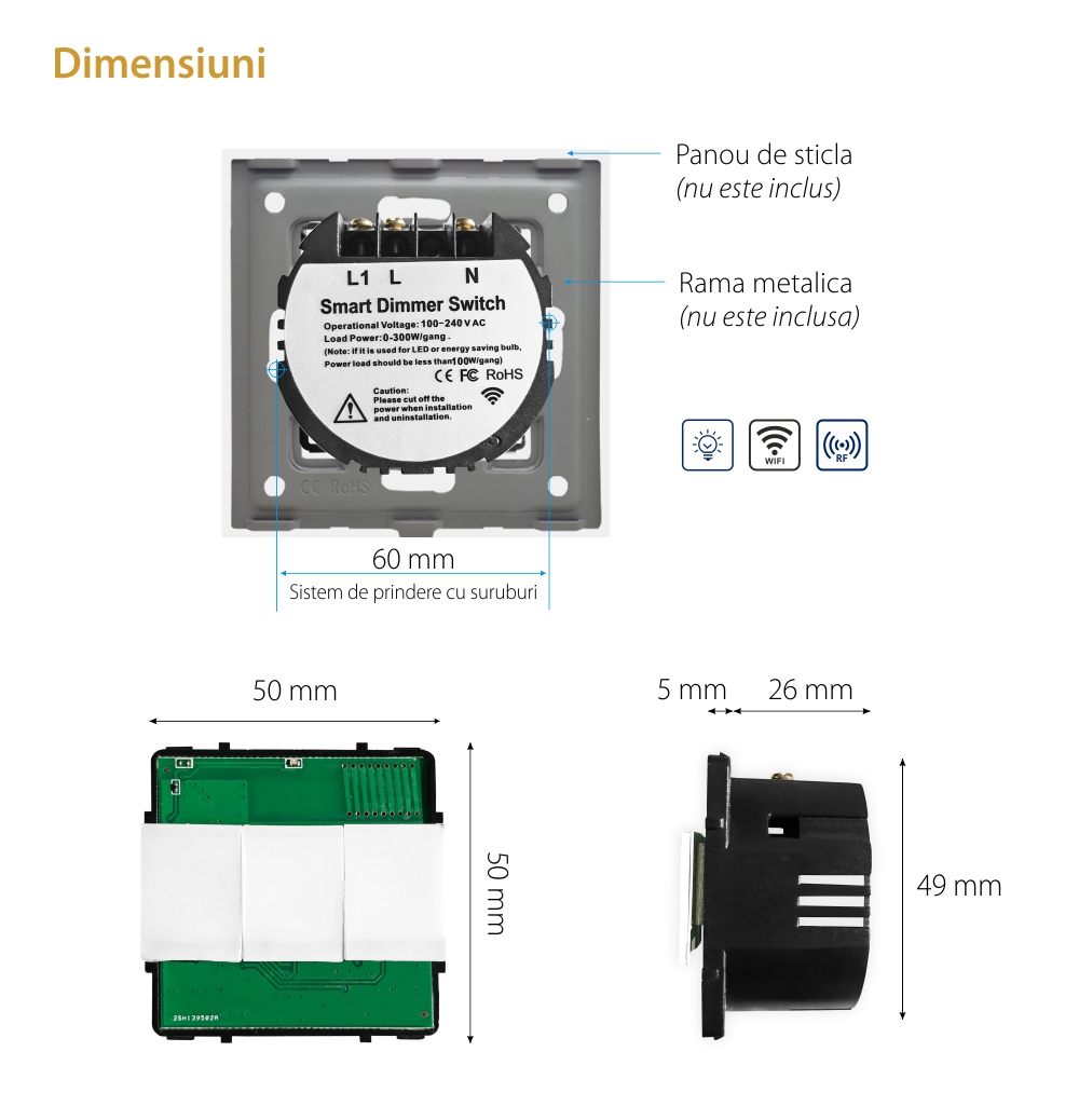 Modul Intrerupator Simplu cu Variator Wi-Fi + RF433 cu Touch LUXION